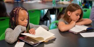 Two elementary school girls reading quietly