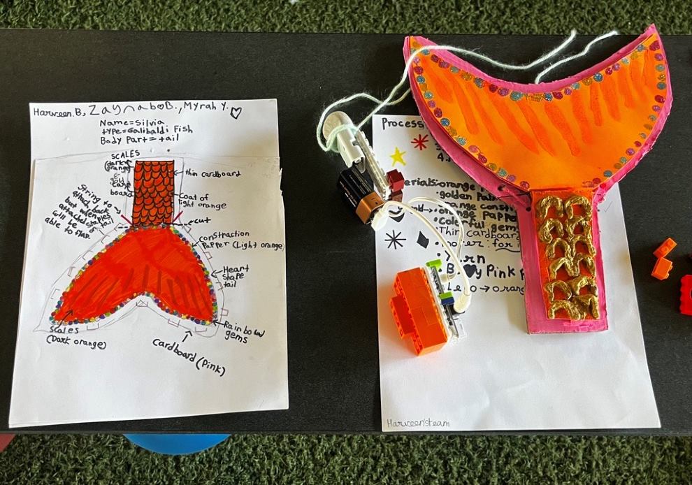 Student engineering project of a prosthetic fish tail. The tail is painted orange and decorated with gems 